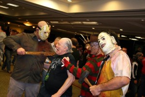 Jason menacing Ted White (who played Jason in Friday the 13th Part IV), as Freddy and Leatherface assist.